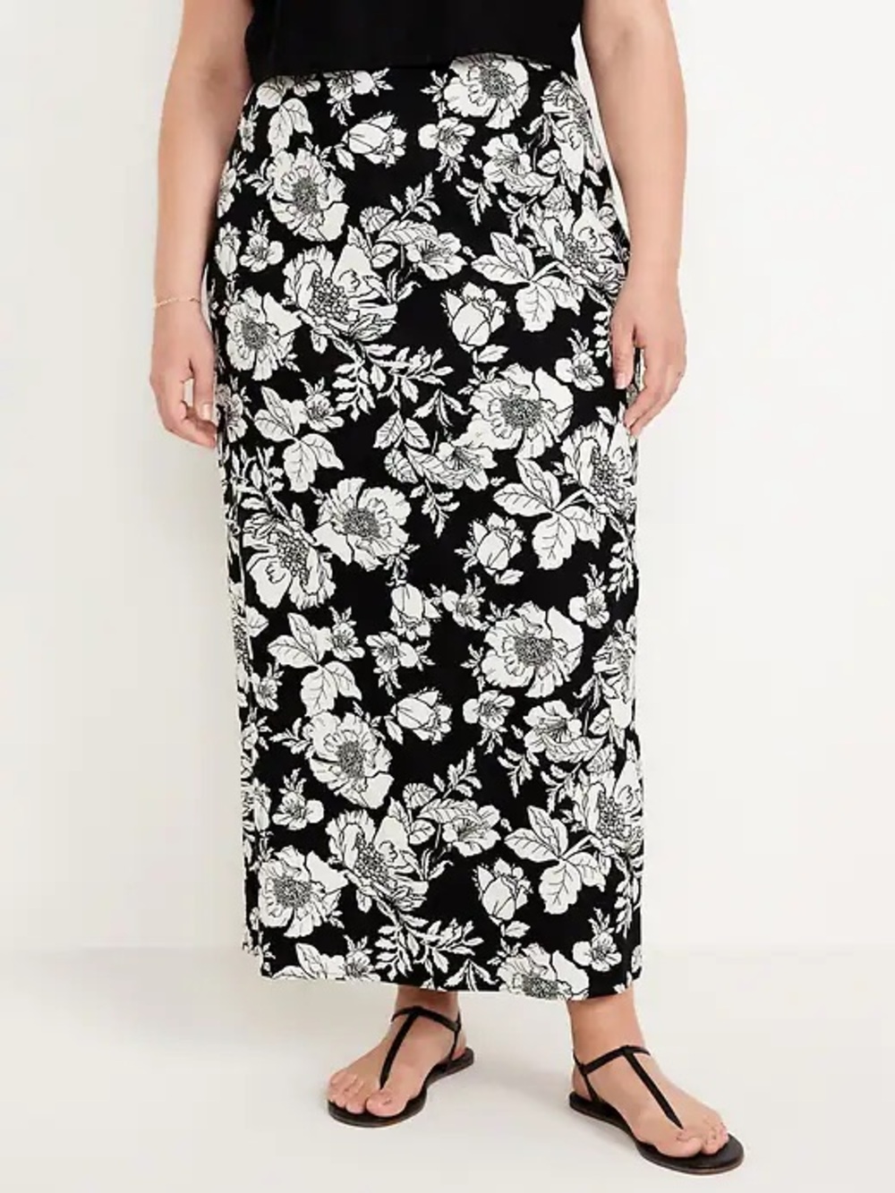 Old Navy Floral Linen Blend Midi Skirt XL Black White Back Slit Cottage Bohemian